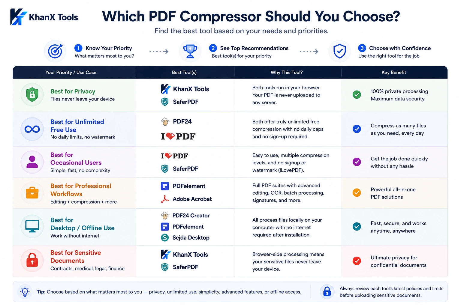 Table titled Which PDF Compressor Should You Choose, with six rows covering privacy, unlimited free use, occasional users, professional workflows, desktop and offline use, and sensitive documents