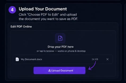 Upload Your Word Document — KhanxTools Word to PDF converter step 4 showing the drag-and-drop zone with a .docx file queued